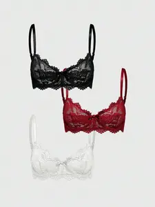 MAB 3pcs Set Casual Everyday Lace Trim Underwire Bra Lingerie Sexy Intimates Bra Panty Set Sleepwear