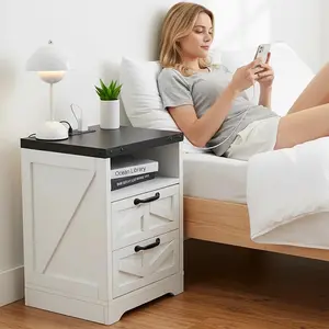 Farmhouse Nightstand with Charging Station: Features 2 AC Outlets, USB + Type-c Ports, Industrial 2-Drawer Design, Easy Assembly | Modern Multi-Functional Side Table for Bedroom, and Living Room