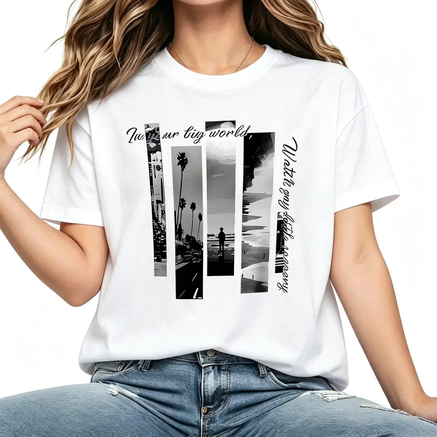 Women's Short-Sleeve Crew Neck Graphic Top, Lady's Stylish White T-Shirt with Palm Tree & "In Your Big World" Design, Comfort Fit Smooth Texture Fabric for Casual Streetwear & Everyday Wear