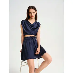 BlisSecret Navy Cowl Neck Cropped Top With Pleated Padded Shoulder & Shorts