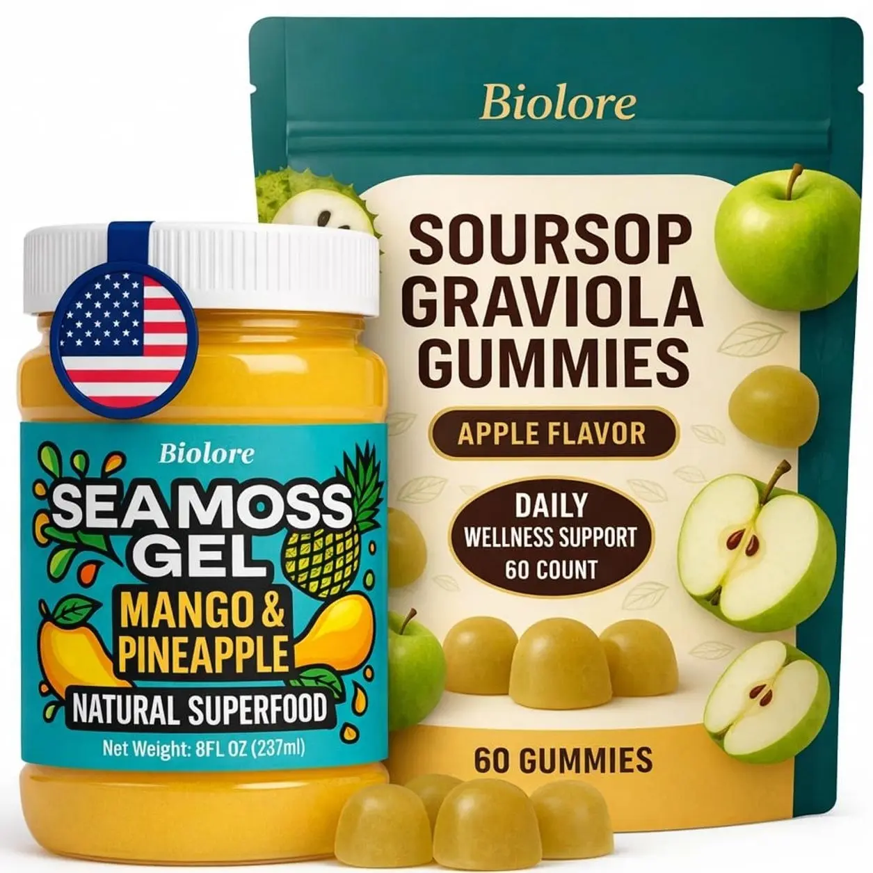 Biolore Sea Moss Gel + Soursop Gummies Bundle Set, 8 oz Gel & 60 Gummies, Mango-Pineapple and Soursop, No Added Sugar, Made in USA