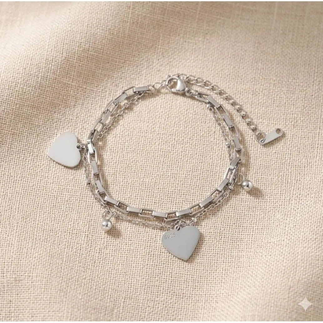 304 Stainless Steel Double Layered Chain Bracelet with Sleek Heart Charms and Beads for Women Waterproof Tarnish Free