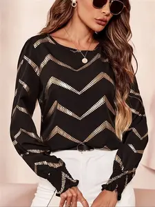 Women's Casual Long Sleeve Round Neck Shirt Top, Embroidery Spring & Fall Fashion, Lightweight Women's Clothing