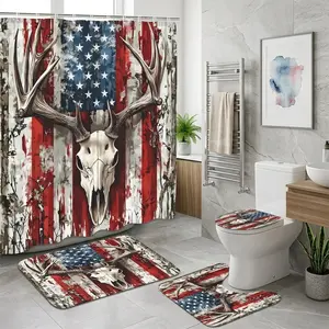 4pcs Rustic American Flag Bathroom Set, Deer Skull Design, Vintage Shower Curtain, Toilet Seat Cover, Floor Mats, Patriotic Home Decor