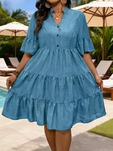 Elegant Plus Size Women's Dress, Fashion V Neck Layered Ruffle Design, Casual Ruffle Hem, Casual Wear, Perfect for Spring Summer Casual and Parties
