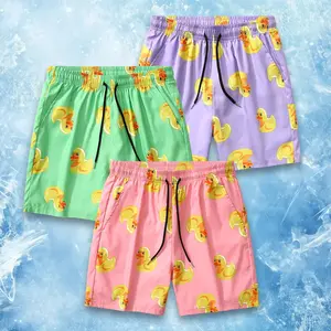 Men's Cute Rubber Duck Print Swim Trunks, Casual Loose Fit Drawstring Elastic Waist 5 Inch Board Shorts, Quick Dry Lightweight Summer Beachwear, Y2K Aesthetic Funny Graphic Swim Shorts for Surfing, Vacation, Daily Wear, Gym, Pool Party