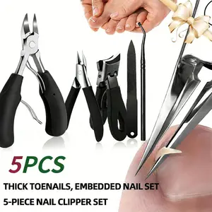 5-piece stainless steel nail care set designed for the elderly - thickened toenail clippers set with nail file and cuticle pusher, ergonomic design, classic black handle, essential for nail care | Ergonomic nail clippers | Durable structure