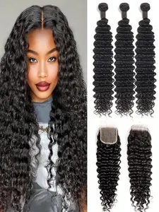 Deep Wave Bundles with Closure Deep Curly 3 Bundles and 4×4 HD Lace Closure 10A Wet and Wavy Brazilian Unprocessed Human Hair Extensions Double Weft Quick Weave Bundle