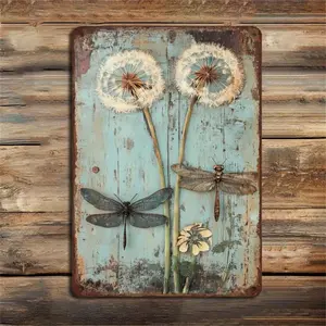 Dandelion & Dragonfly & Daisy Pattern Wall Art, 1 Count Vintage Metal Sign, Wall Decor for Home Living Room Bedroom Kitchen Coffee Shop, Ornaments, Art Wall Decoration