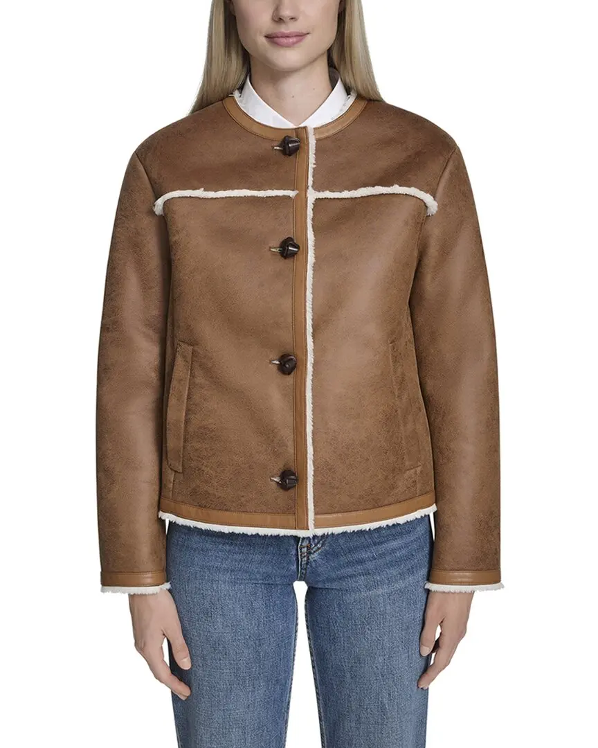 Cole Haan Waxed Suede Shearling Collarless Jacket