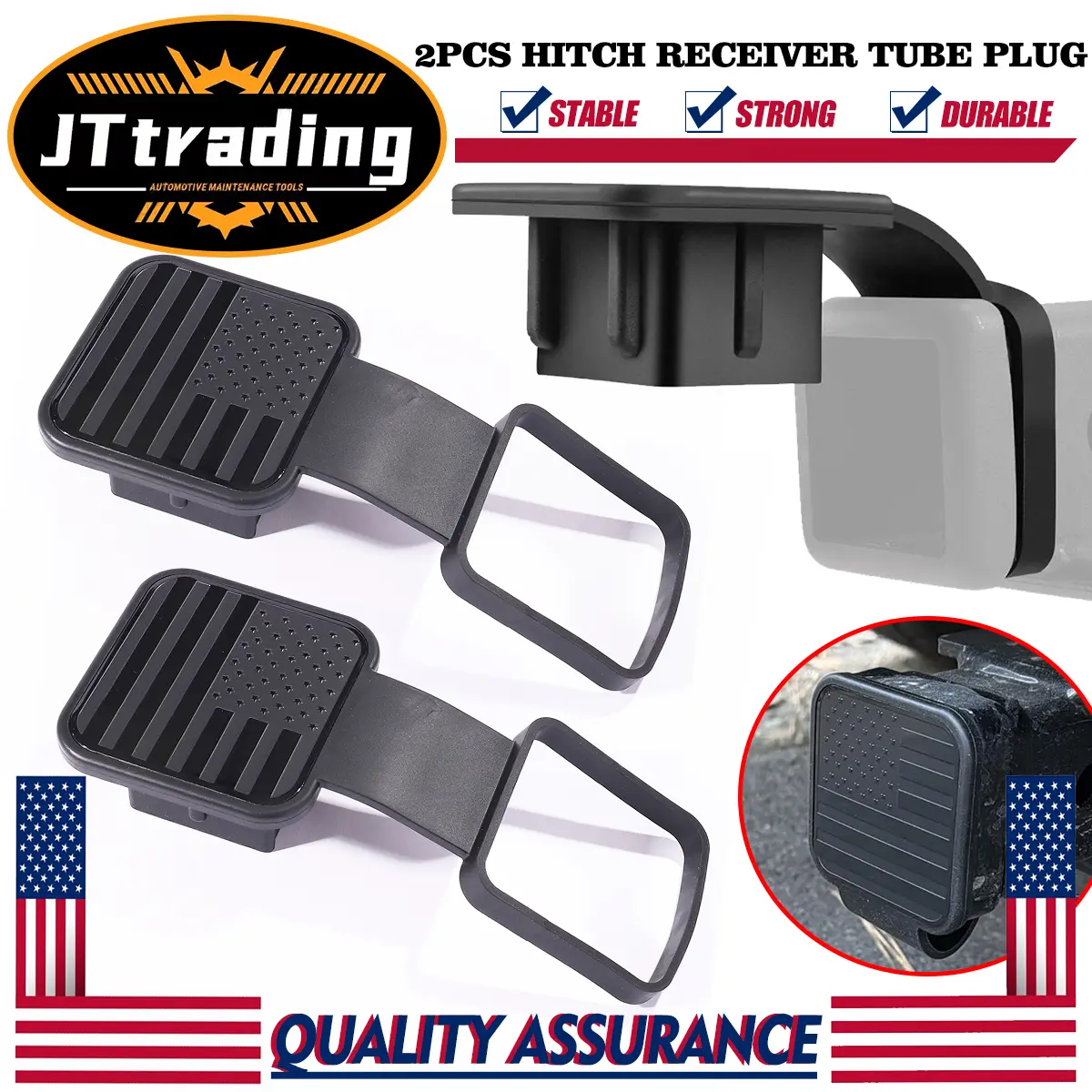 Black American Flag Emblem Trailer Hitch Cover Cap - 1/2 Pcs, 2 In Tube Plug, Rubber Base, 4-Way Flat Insert, Universal Fit, 2x2 Tube Compatible, Car Wash Safe, Easy Installation, ATV/Truck Exterior Accessory, 2 Piece Sets campingessentials