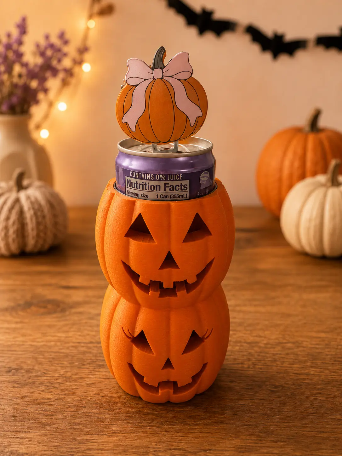 Girly 3D Printed Halloween Stacked Pumpkin Can Holder with Can Opener