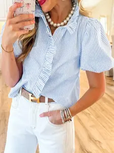 1 Striped Ruffle Trim Blouse Women | Puff Sleeve Collared Button Down Shirt | Preppy Office Outfit | Casual Brunch Wear