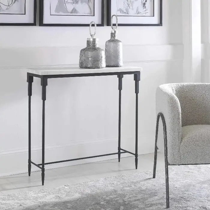 Bourges White Marble Console Table, Transitional Indoor Furniture with Honed Top and Unique Veins