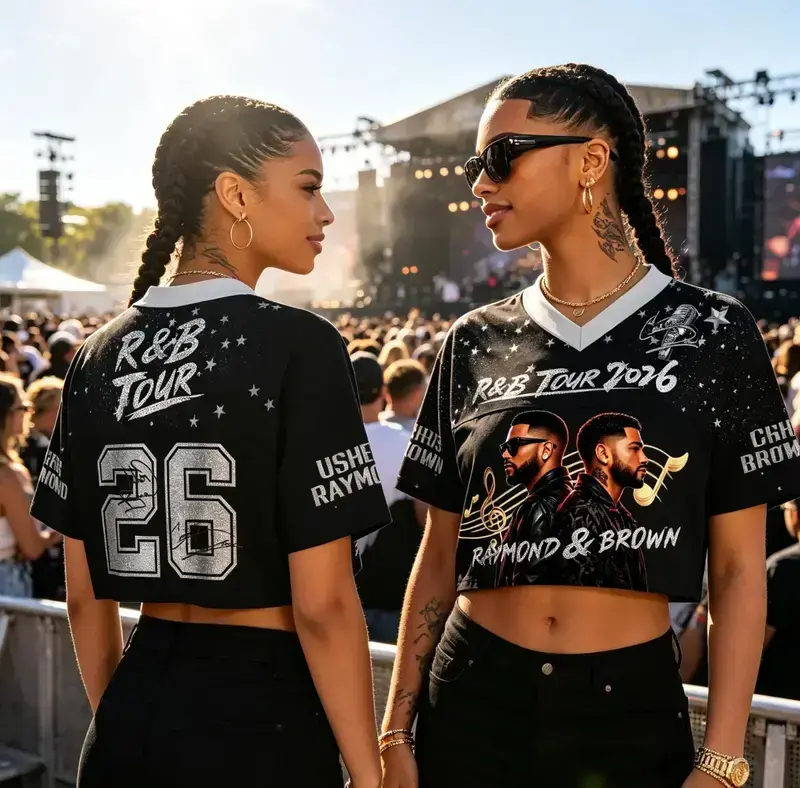 R&B Tour Raymond & Brown Crop Top Jersey, V-Neck Concert Merch Shirt, Y2K Streetwear Graphic Tee, Vintage Hip Hop Concert Outfit for Women