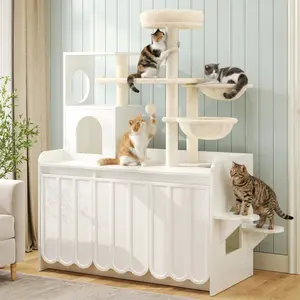 Large White Rectangular Multi-Level Cat Tree, MDF Flannel Pet Tower with Hidden Litter Box Enclosure, Sisal Scratching Posts, Dual Hammocks & Side Storage Cabinet, High Load Bearing Space Saving Indoor Home Cat Furniture