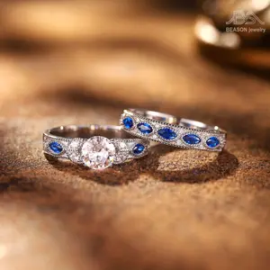 BEASON Jewelry Stylish European and American Style Blue Cubic Zirconia Ring Sparkling Multi-Layer Design Durable Stackable Band Ring for Everyday Wear Dating Weddings and Other Occasions Women's engagement  Rings Set