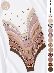 Women's Leopard & Cherry Print Scallop Trim Panty, Soft Comfy Breathable Knicker for Daily Wear, Underwear for All Seasons, Fashion Breathable Underwear, Soft Fit Panty