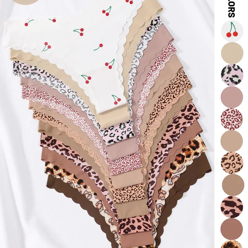 Women's Leopard & Cherry Print Scallop Trim Panty, Soft Comfy Breathable Knicker for Daily Wear, Underwear for All Seasons, Fashion Breathable Underwear, Soft Fit Panty, Casual Soft Panties