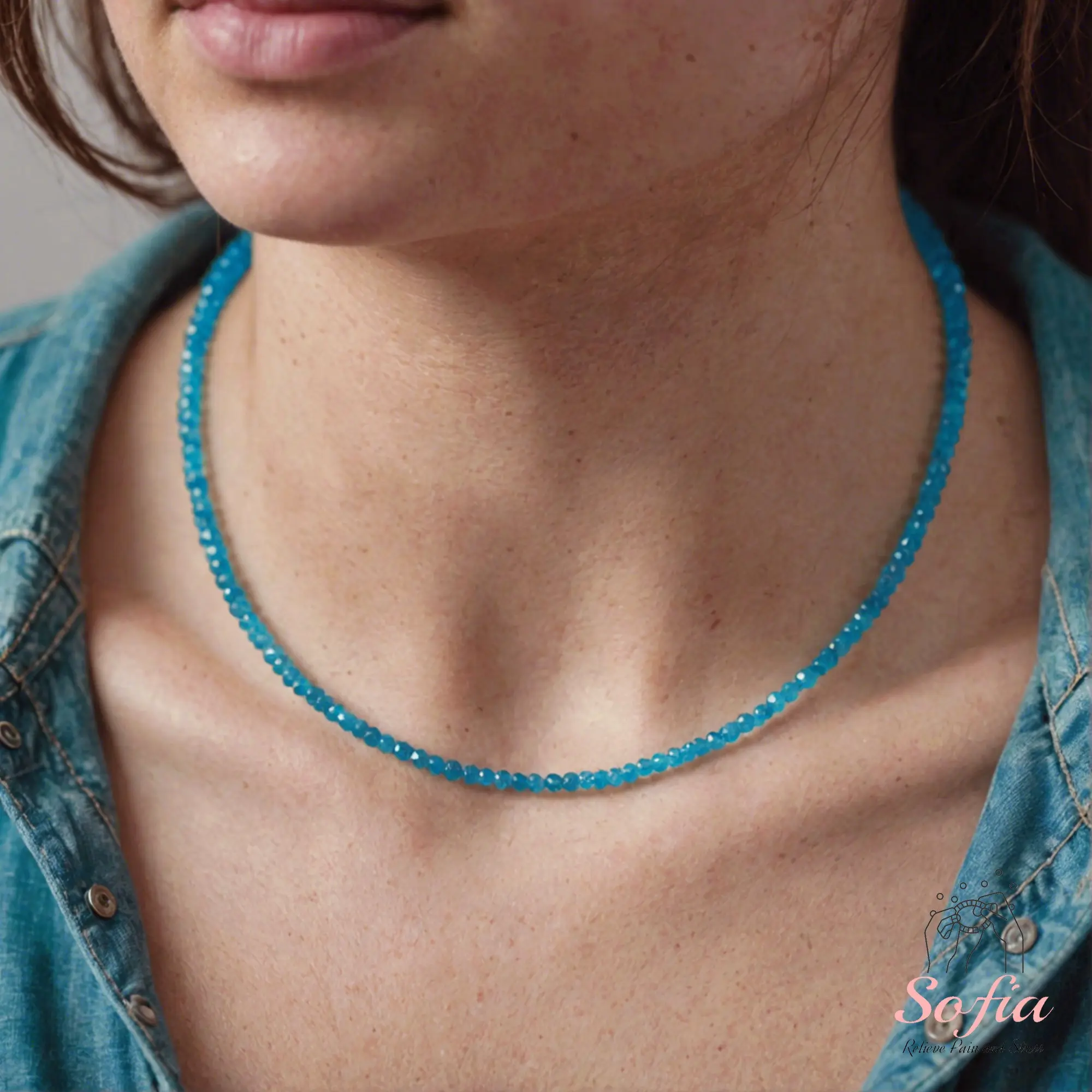 Delicate Blue Apatite Beads Choker Necklace, Tiny Dainty Faceted Gemstone Beaded Necklace, Waterproof Crystal Beaded Choker, Dainty Minimalist Style for Women Handmade Adjustable, gift for her