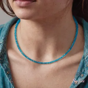Delicate Blue Apatite Beads Choker Necklace, Tiny Dainty Faceted Gemstone Beaded Necklace, Waterproof Crystal Beaded Choker, Dainty Minimalist Style for Women Handmade Adjustable, gift for her