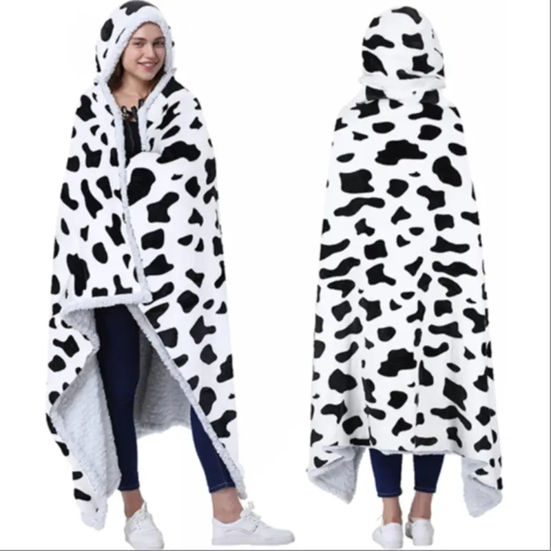 1pc Cow Pattern Hooded Blanket/Cape | Wearable Blanket Wrap with Handbag | Comfortable Sherpa Fleece Cape/Shawl for Adults, Women's Gift, Lambswool Hooded Blanket