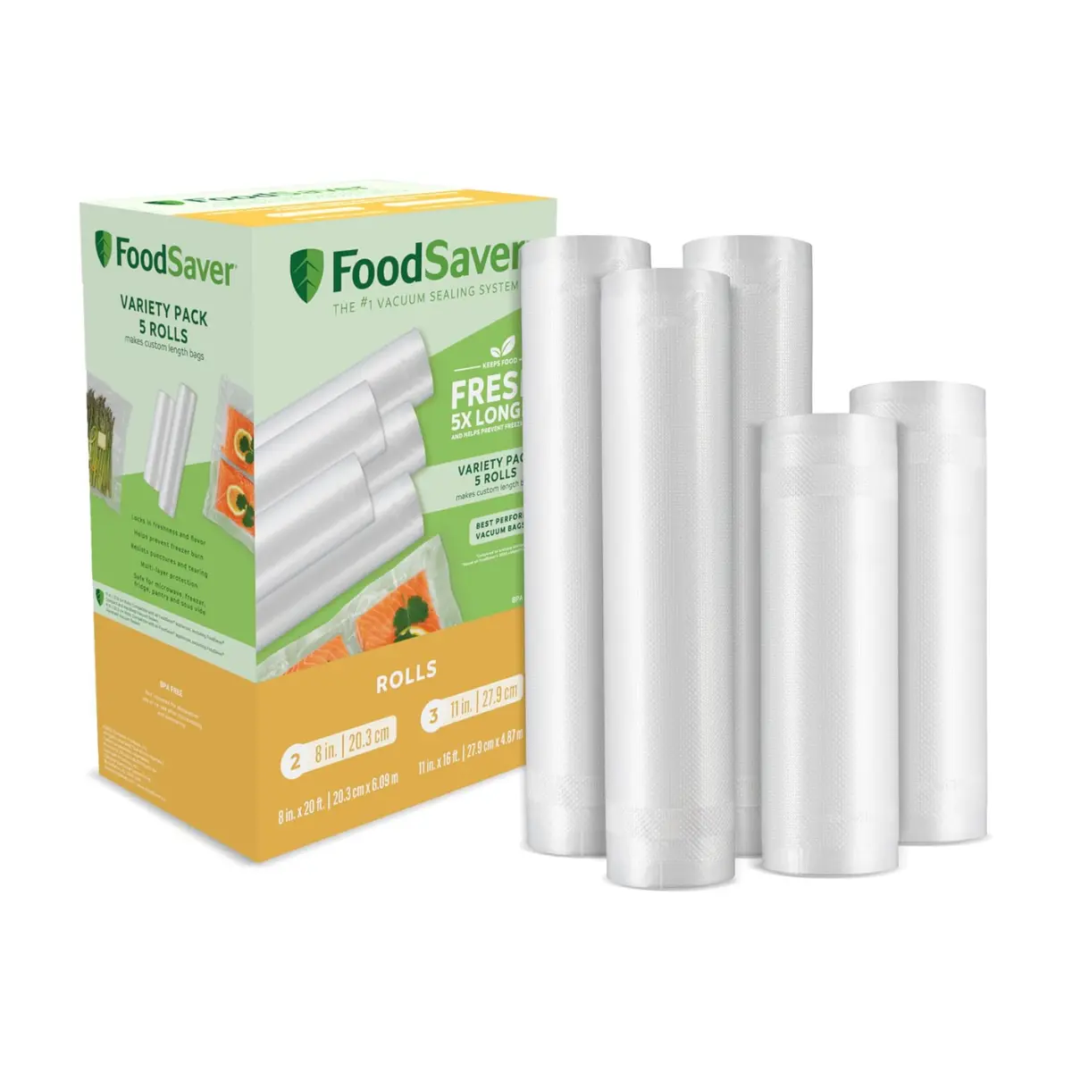 FoodSaver Custom Length Vacuum Sealer Bags Multipack - 5 Count Rolls (8in 2-Pack, 11in 3-Pack) for Airtight Food Storage, Sous Vide - Vacuum Sealer Accessories Compatible with FoodSaver
