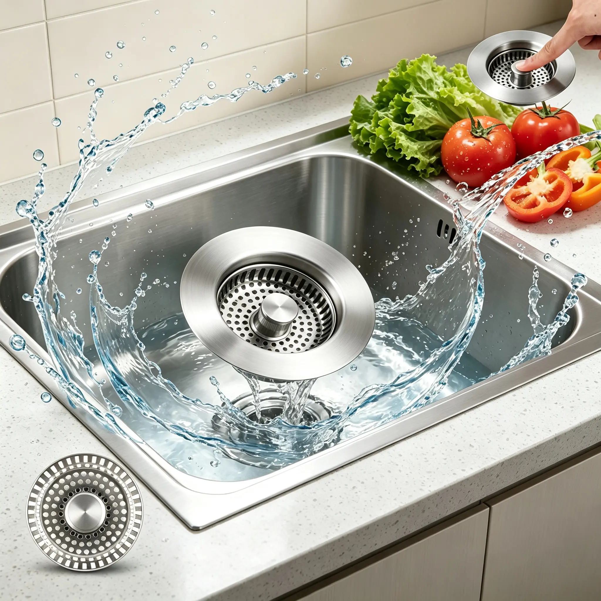 Sink drain strainer,New Upgraded 3-in-1 Kitchen Sink Drain Strainer Stainless Steel Sink Stopper Anti-Clogging Food Catcher Basket for US Standard 3 1/2 inch Drain pop up sink drain stopper