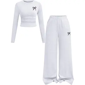 Tween Girls Clothes Long Sleeve Bow Knot Print Top + Wide Leg Pants 2 Piece Outfit Set, Size 7-16 Years