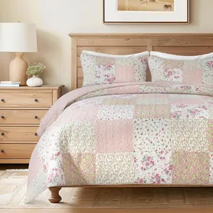 Blush Bloom  Quilt Set -  Size with 2 Shams, Floral Patchwork Quilted Comforter, Lightweight Country Pieced Bedspread in Blush and , Roses Patch Work Bedding