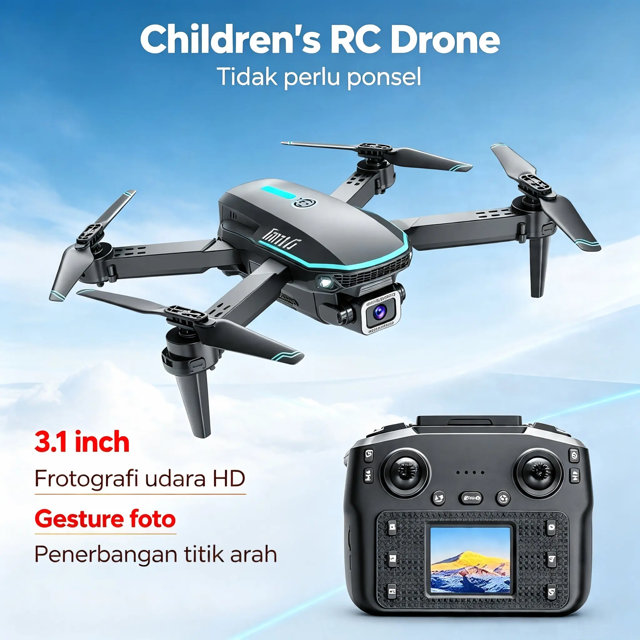 Tongli RC Drone Quadcopter Toy for Kids - 1-Key Takeoff & Landing, HD Aerial Shooting, Drop & Crash Resistant, Headless Mode - Electric Remote Control Aircraft, Birthday Gift