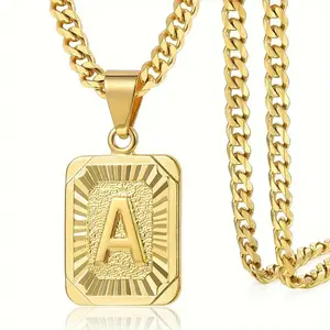 Square pendant letter necklace with Cuban hexagonal chain design, perfect for everyday wear.