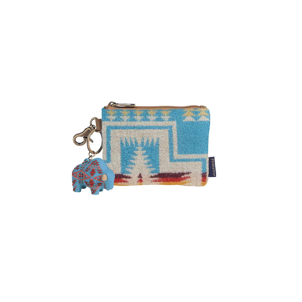 Pendleton Harding RFID-Protected Wool ID Pouch - Turquoise, Compact Zip-Top Pouch with Cotton Trim, Zip Closure, Mini Stuffed Buffalo Charm, Women's Everyday Carry Wallet, Pendleton Wool