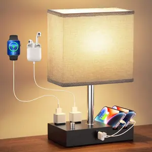 Fully Dimmable Nightstand Lamp for Bedroom with USB C Ports, Grey Small Bedside Table Lamp with  Outlets and Phone Stands, Wooden Desk Lamp for Living Room, LED Bulb Included