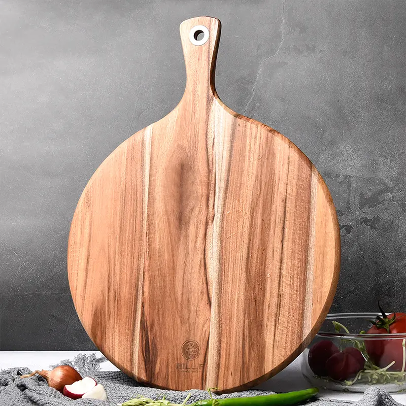Round Acacia Wood Pizza Peel Board with Hanging Handle, 30cm Wooden Charcuterie Serving Tray for Baking, Steak, Fruit & Party Display