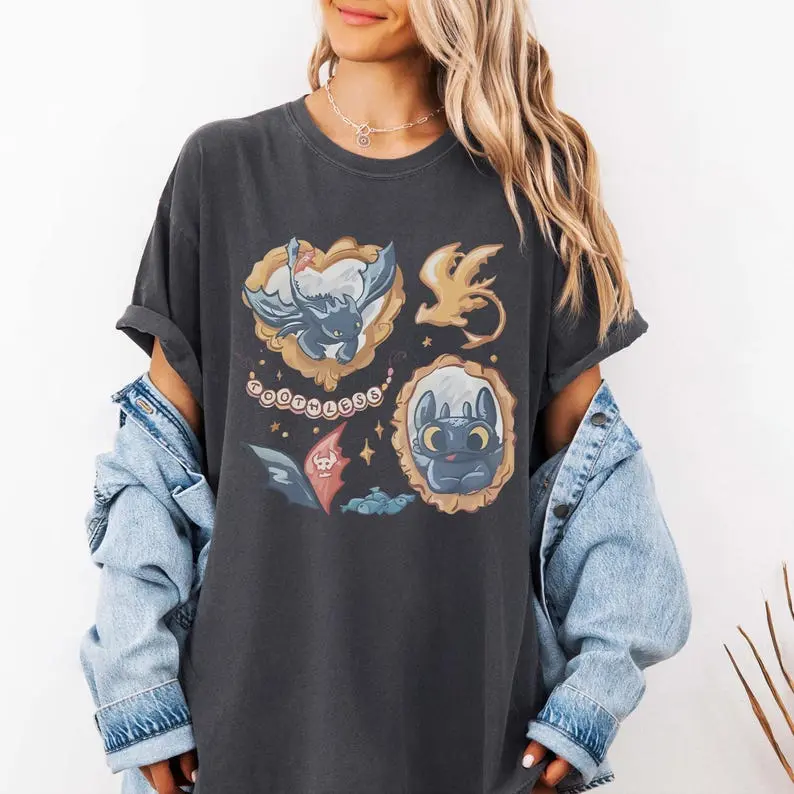 Women's Fitted Short-Sleeve T-Shirt - Vintage Cartoon Toothless Dragon Print, Retro How to Train Your Dragon Family Trip Clothes, All-Seasons Casual Streetwear Top
