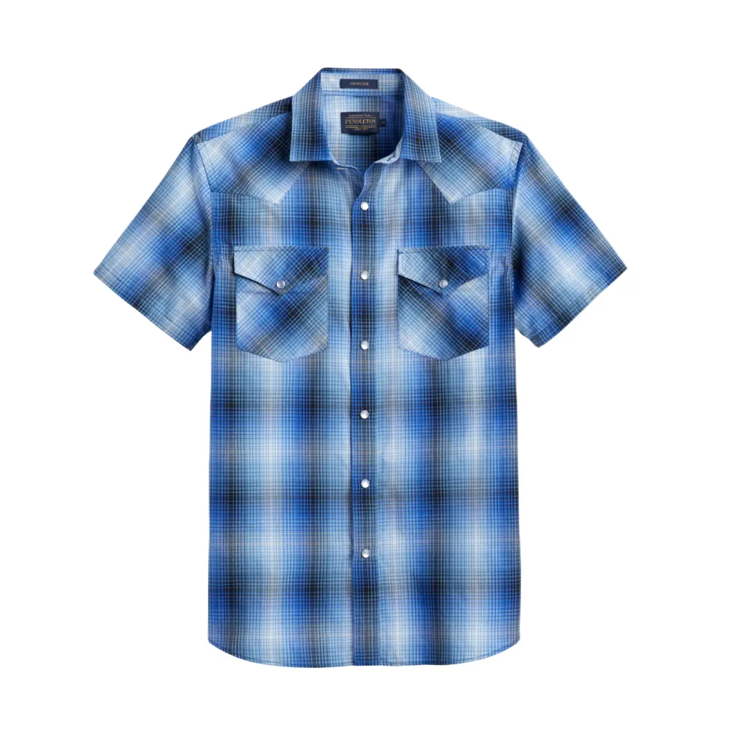 Pendleton Men's Fitted Checked Plaid Western Collared Short-Sleeve Cotton-Polyester Blend Shirt, Snap-Button Closure, Casual, Machine Washable Menswear Top, Fitted Cut, Checkered Plaid Men's Casual Shirts, Collared Men's Casual Shirts