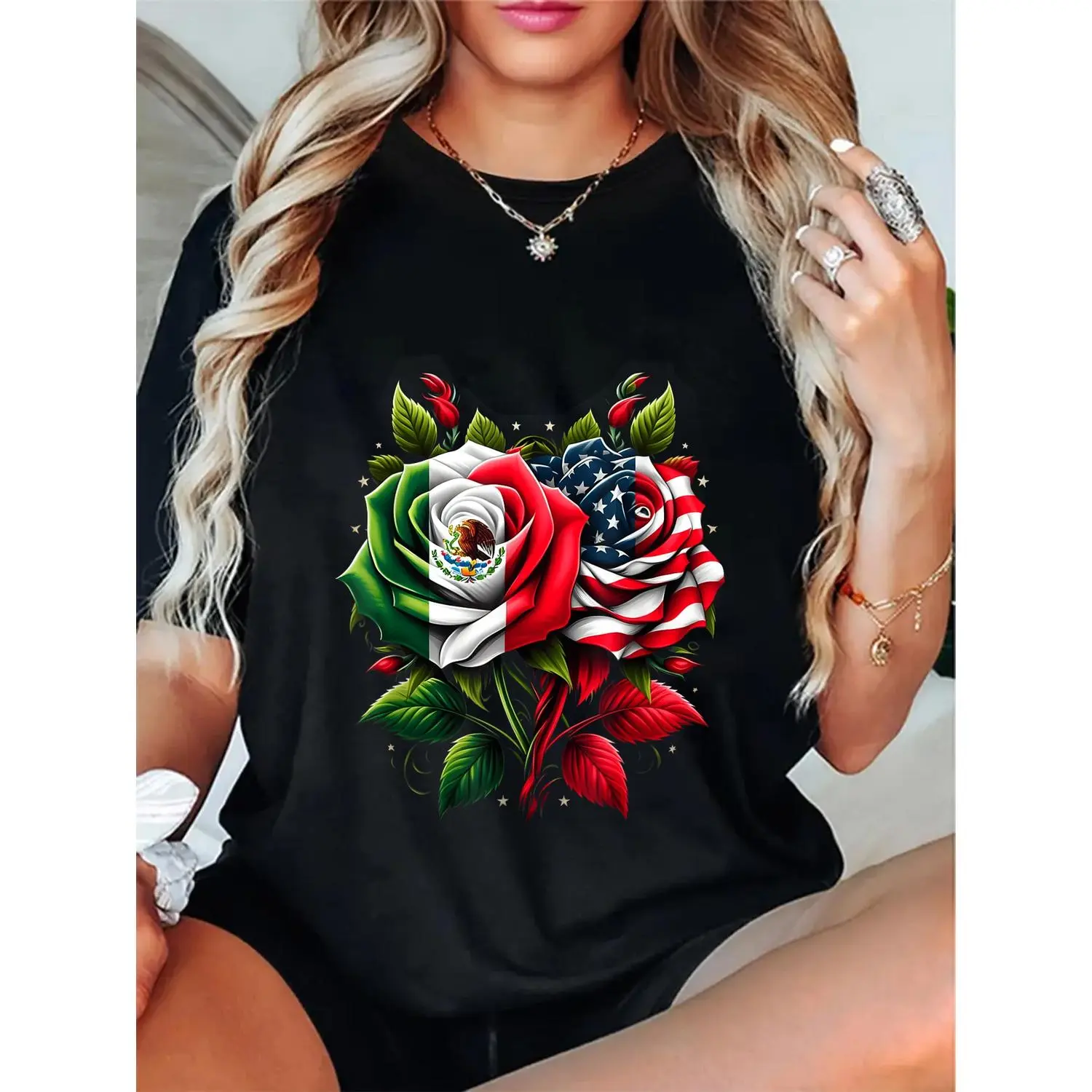 100% Cotton Unisex Mexico USA Flag Mexican Flag American Flag Rose Flower T-Shirt
