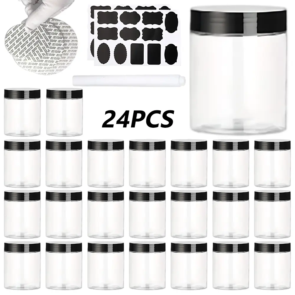 24 Pack 7 OZ Clear Plastic Storage Jars with Black Lids Food Grade Empty Containers with Labels & Seal Gaskets for Spice Candy Cookie Nuts Kitchen Pantry Organizer