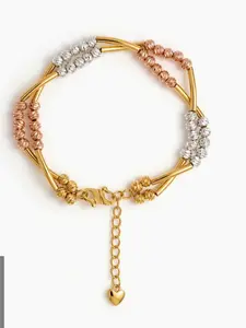 24K Gold Plated 2 In 1 Tri-Color Gold, Silver and Rose Gold Mixed Metal Beaded Bracelet with Heart Charm