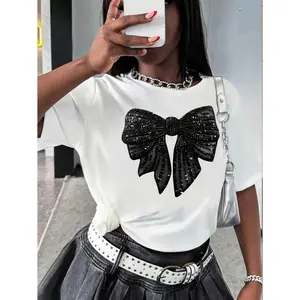 Bow printed crew neck T-shirt, women's casual T-shirt