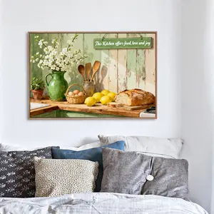 Wall Art Painting  Kitchen Still Life With Bread And Fruit Canvas Print Poster Living Room Bedroom Home Office Match Party Sports Decor, with Wooden Floating Frame Size 24X18inch