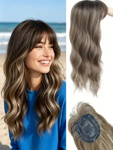 💫Effortless Brown Highlight Hair Transformation! Clip-In Hair Topper with Bangs, Premium Kanekalon, Soft Texture & Easy to Use