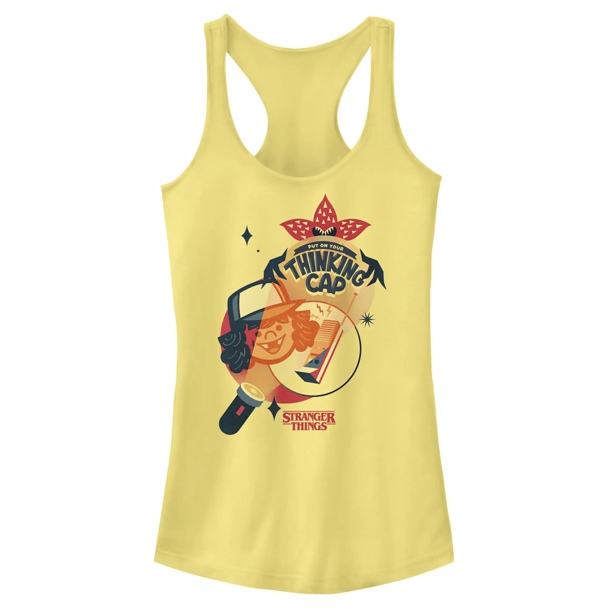 Juniors Womens Stranger Things Put on Your Thinking Cap Racerback Tank Top