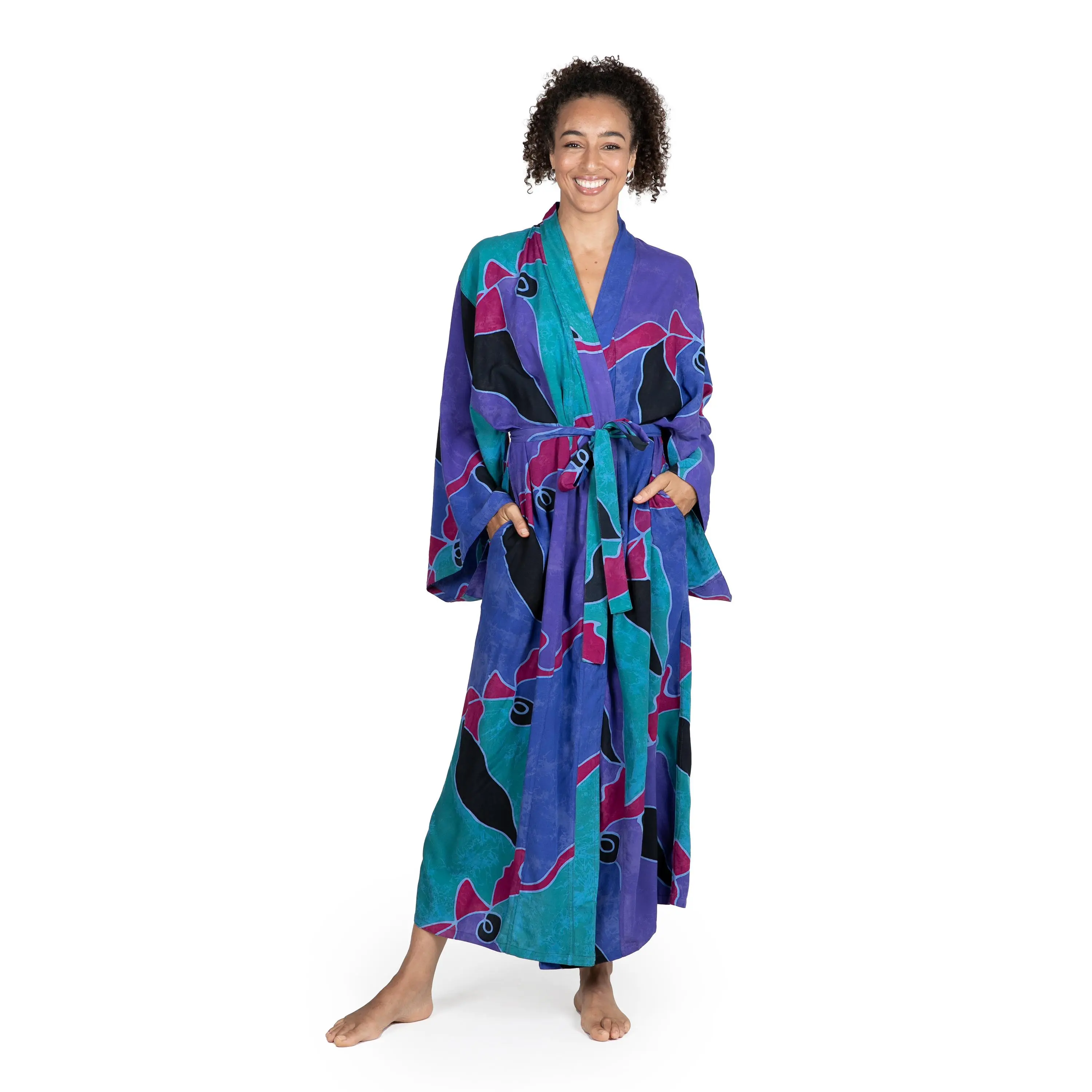 Novica Artisan Hand-Painted Long Kimono Patterned Robe With Pockets For Women Lightweight Loungewear From Indonesia 'Floral Turquoise Blue Green'