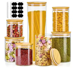 7 Pack Thicker Glass Food Storage Jars with Airtight Bamboo Lids, Clear Glass Storage Containers, Glass Canisters Set for Pasta, Nuts, Coffee Beans, Kitchen Pantry Organization Jar, BPA Free