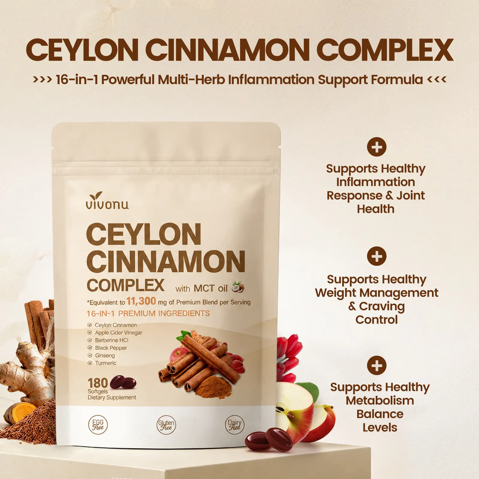 VivoNu 16-in-1 Multi-Herb Daily Supplement | Ceylon Cinnamon, Berberine, Turmeric, Ginseng, Milk Thistle, Gymnema | Softgel for Easy Swallow | Supports Energy, Digestion & Antioxidant Balance