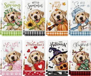 8 count Seasonal Holiday Kitchen Towels, Cute Puppy  Golden Retriever Kitchen Dish Towels, Summer Fall Absorbent Kitchen Towel Halloween Christmas Holiday Hand Towels Decorative Set ()