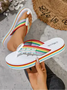 Colorful Rainbow Webbing Sandals, Thick Sole Lightweight Non-Slip Slippers, Casual Outdoor Wear Women's Flip Flops, Comfortable Daily Use