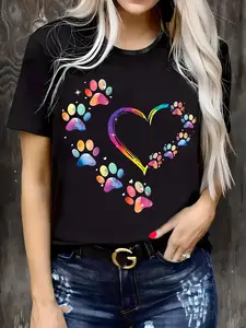 Plus Size, Print Plus Size Women's Casual T-Shirt, Round Neck, Short Sleeved, Slightly Elastic Fabric, Regular Style, Comfortable Top for All Seasons Women Clothes